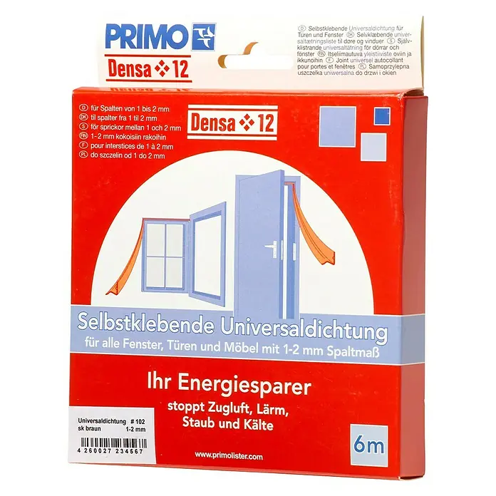 Primo Universaldichtung Densa 12 - Braun, 6 m, Passend für: Fenster, Türen, Möbel mit Spaltenbreite 1 – 2 mm - Packung Primo Densa 12 Universal-Dichtungsband, selbstklebend für Fenster, Türen und Möbel, 6m Rolle, stoppt Zugluft und Lärm.
