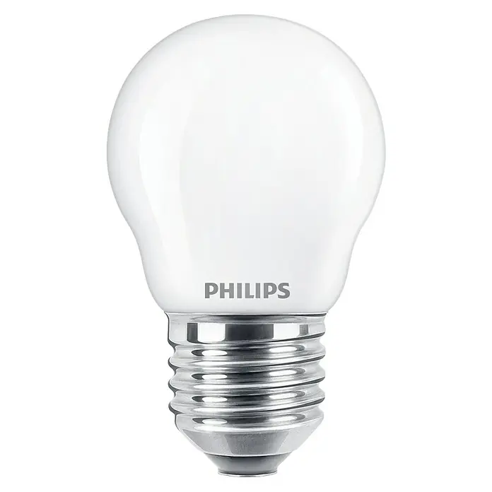 Philips LED-Lampe Tropfen CW - E27, Nicht Dimmbar, Kaltweiß, 806 lm, 60 W - Eine Philips LED-Lampe mit mattem, weißem Glaskolben und silberfarbenem Schraubsockel vor schwarzem Hintergrund.