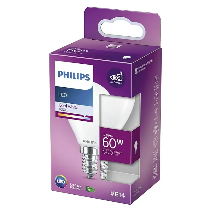Philips LED-Lampe Tropfen CW - E14, Nicht Dimmbar, Kaltweiß, 806 lm, 60 W - Nahaufnahme der Verpackung einer Philips LED-Lampe, die eine 60W Lampe mit kühlem, weißem Licht (4000K) zeigt.