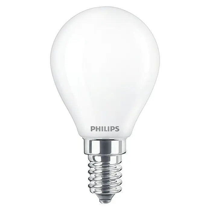 Philips LED-Lampe Tropfen CW - E14, Nicht Dimmbar, Kaltweiß, 806 lm, 60 W - Nahaufnahme einer Philips LED-Lampe mit E14-Sockel, ideal für stimmungsvolle Beleuchtung und Energieeffizienz.