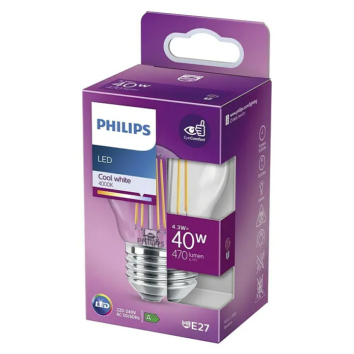 Philips Bombilla LED Classic CW Transparente - E27, No regulable, Blanco frío, 470 lm, 40 W - Primer plano de una bombilla LED Philips en un paquete morado, que promete iluminación de ahorro energético y respetuosa con los ojos.