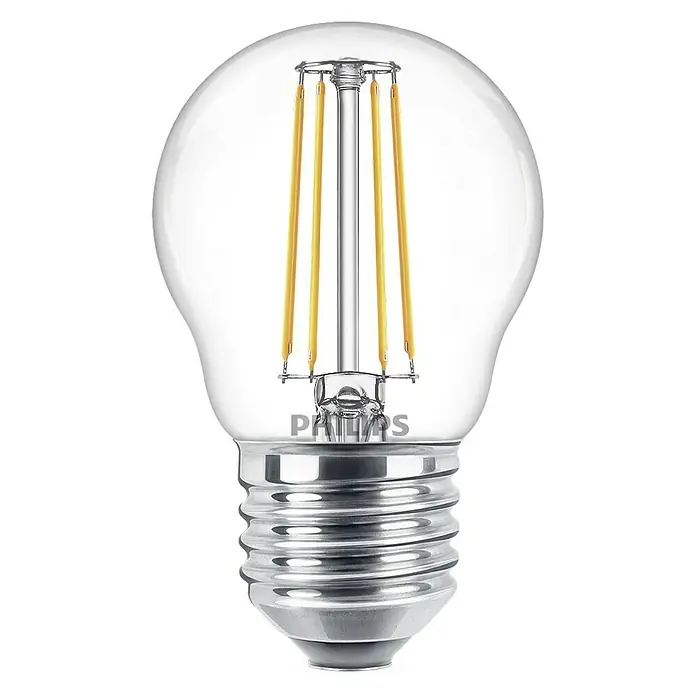 Philips Bombilla LED Classic CW Transparente - E27, No regulable, Blanco frío, 470 lm, 40 W - Primer plano de una bombilla LED Philips con una cubierta de vidrio transparente y LEDs tipo filamento.