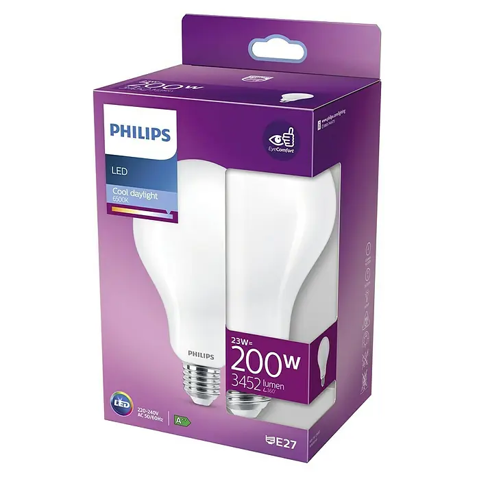 Philips Bombilla LED Classic CDL - E27, No regulable, Blanco diurno, 3.452 lm, 200 W - Primer plano de una bombilla LED Philips de 23W, equivalente a 200W, en un paquete morado, que produce una luz de día fría de 6500K.