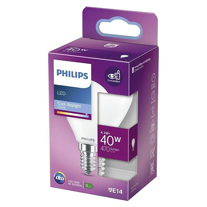 Philips Bombilla LED Classic CDL - E14, No regulable, Blanco diurno, 470 lm, 40 W - Primer plano del embalaje de una lámpara LED Philips, que muestra una bombilla de luz diurna fría de 40 vatios.