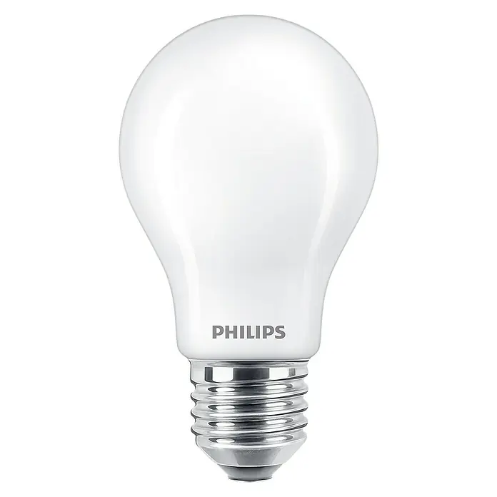 Philips Bombilla LED Classic CW Mate - E27, No regulable, Blanco frío, 1.055 lm, 75 W - Primer plano de una bombilla LED Philips con acabado mate y base de rosca plateada, sobre un fondo negro.