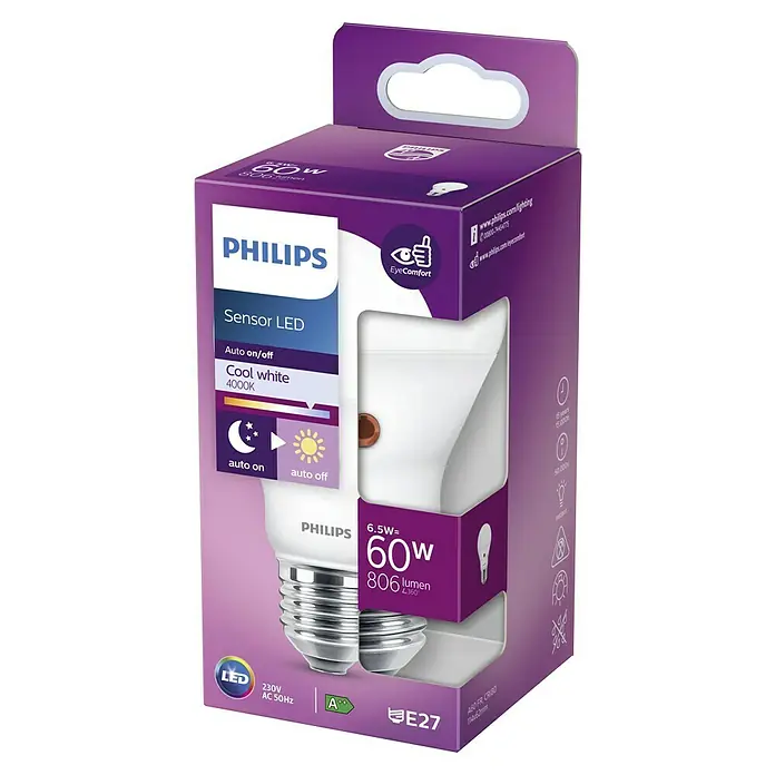 Philips Bombilla LED Classic CW c/ sensor - E27, No regulable, Blanco frío, 806 lm, 60 W - Paquete de una bombilla LED con sensor Philips con función de encendido/apagado automático y base E27.
