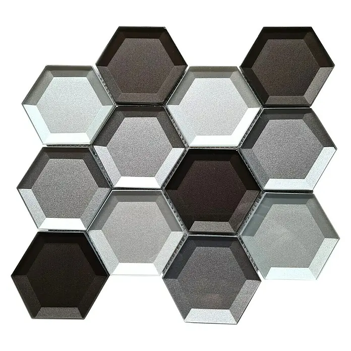 Mosaikfliese Hexagon Crystal XBH HX159 - 22,5 x 26,5 cm, Braun/Weiß, Glänzend - Graues Sechseck-Mosaik aus Glas mit glänzender Oberfläche, ideal für moderne Badezimmer- und Küchengestaltung.\n
