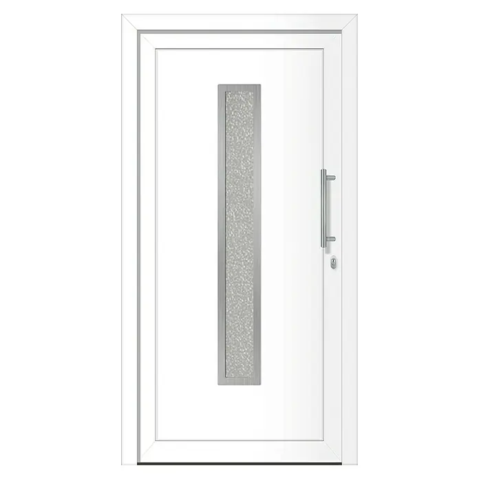 Solid Elements Haustür 1005 inklusive Griffset - 100 x 210 cm, DIN Anschlag: Rechts, Weiß - Moderne weiße Haustür mit einem senkrechten, strukturierten Glaseinsatz und einem silbernen Griff.
