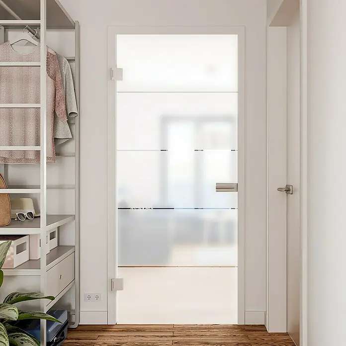 Diamond Doors Glasdrehtür Lines Positiv - 709 x 1.972 mm, DIN Links, Einscheibensicherheitsglas (ESG) - Elegante Inneneinrichtung mit einer modernen, satinierten Glastür, die den Raum hell und stilvoll gestaltet und für Privatsphäre sorgt.