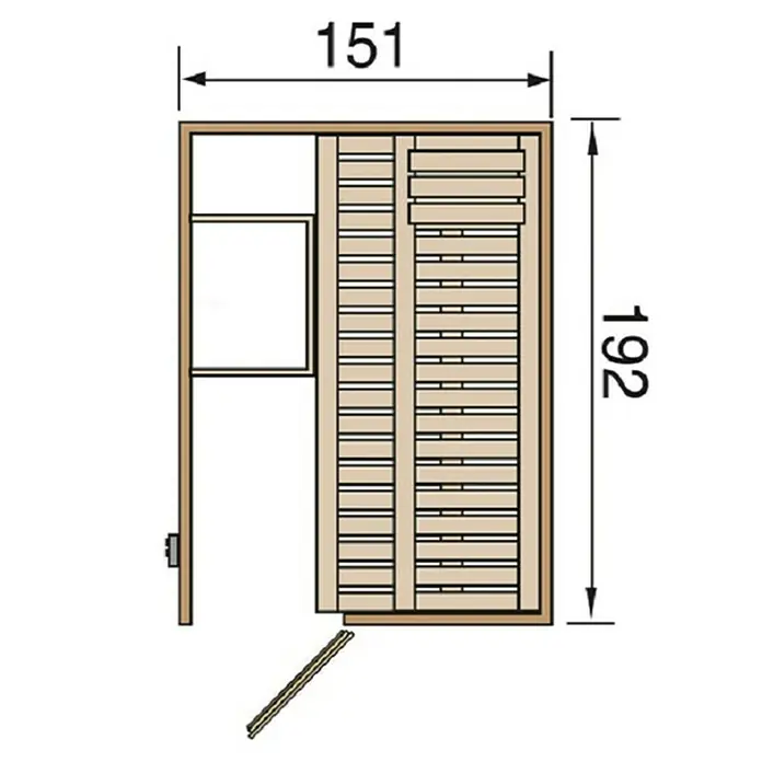 Weka Elementsauna Kaarina 1 - L x B x H: 194 x 154 x 199 cm - Grundriss einer Sauna mit den Maßen 151 x 192 cm, der die Anordnung der Bänke und die Position der Tür zeigt.