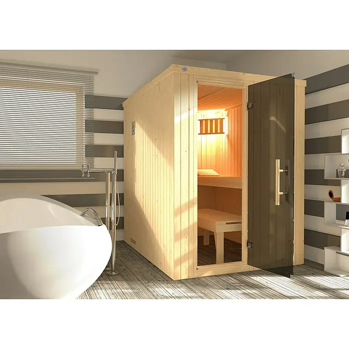 Weka Elementsauna Kaarina 1 - L x B x H: 194 x 154 x 199 cm - Bild einer Sauna aus hellem Holz mit einer dunklen Holztür in einem Badezimmer mit Badewanne und Fenster.