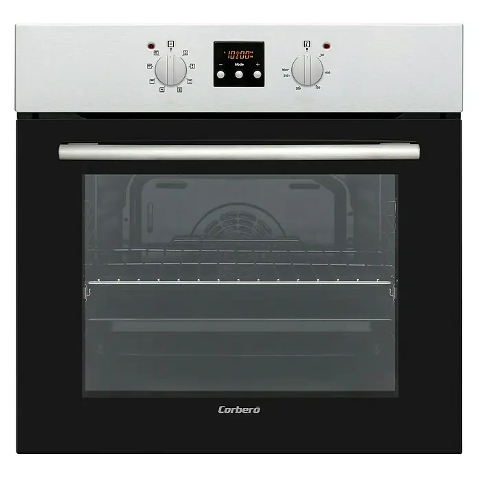 Corberó Horno empotrado CCHV659MXG - Volumen horno: 69 l, Número de tipos de calentamiento: 8 ud. - Imagen de un horno Corberó negro y plateado con un reloj digital que muestra las 10:00.