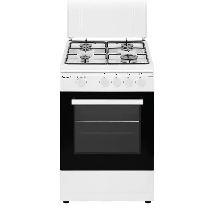 Corberó Cocina de gas CCSF45020BW - Zonas de cocción: 4 ud., Blanco - Cocina de gas independiente Cerbero en blanco con cuatro quemadores y un horno, ideal para cualquier cocina.