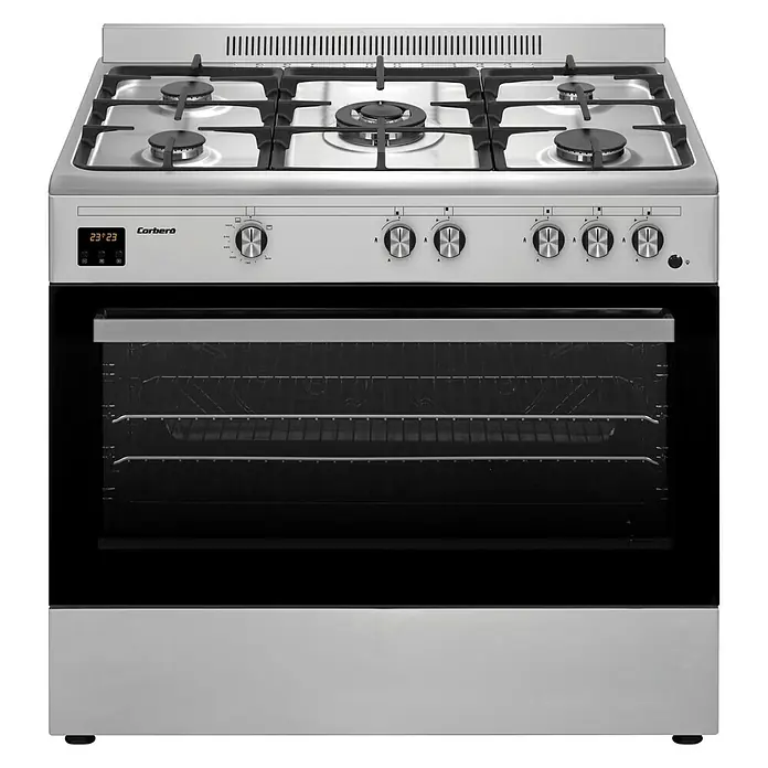 Corberó Cocina de gas CC900X - Zonas de cocción: 5 ud., Acero inoxidable/Negro - Cocina de gas Corberó de libre instalación con encimera de acero inoxidable, cinco quemadores y un horno espacioso para cocinar y hornear.