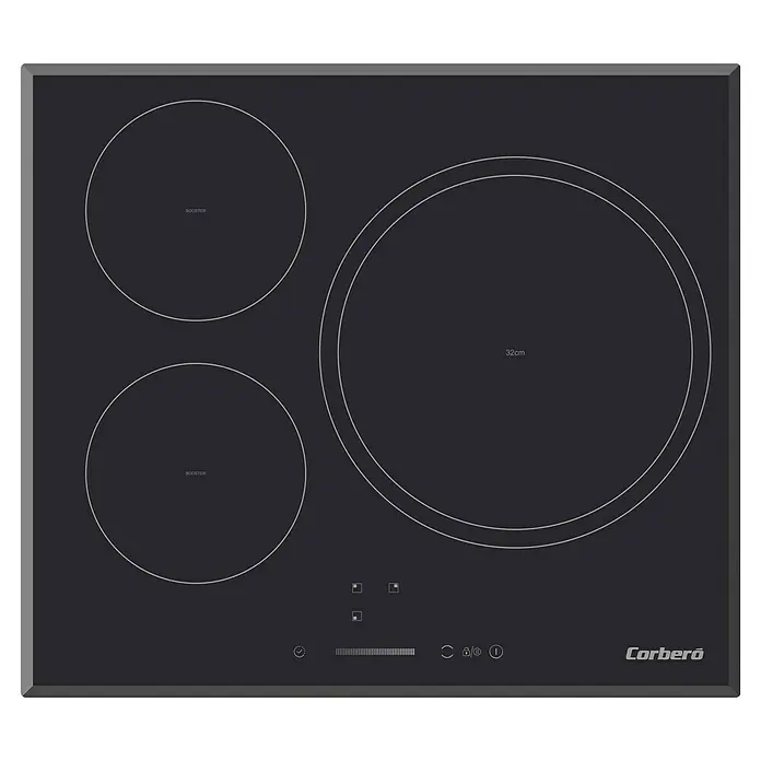Corberó Placa de cocción CCIM3FBS320 - Número de fogones de inducción: 3 ud. - Imagen del producto: Placa de inducción Corberó con tres zonas de cocción, incluyendo una zona de 32 cm y dos zonas booster.