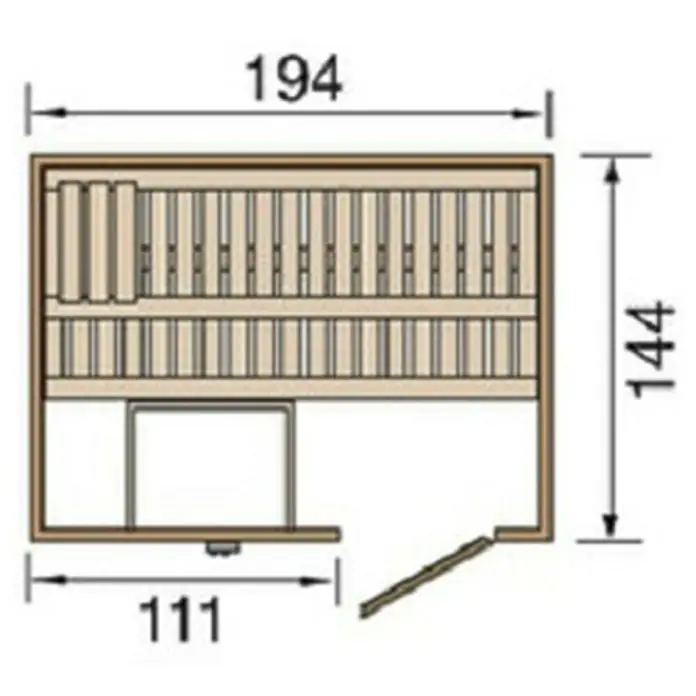 Weka Elementsauna Halmstad 1 - Ohne Ofen, L x B x H: 144 x 194 x 199 cm, Materialspezifizierung Tür: Massivholz - Sauna-Grundriss mit Maßen. Ideal für Planung. Die Maße sind 194x144 cm.