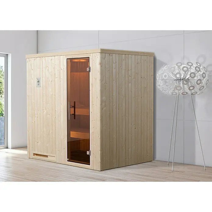 Weka Elementsauna Halmstad 1 - Ohne Ofen, L x B x H: 144 x 194 x 199 cm, Materialspezifizierung Tür: Ganzglas - Holzsauna mit Glastür und Steuerungspanel für entspannende Momente. Die perfekte Ergänzung für Ihr Zuhause für Wellness und Entspannung pur.