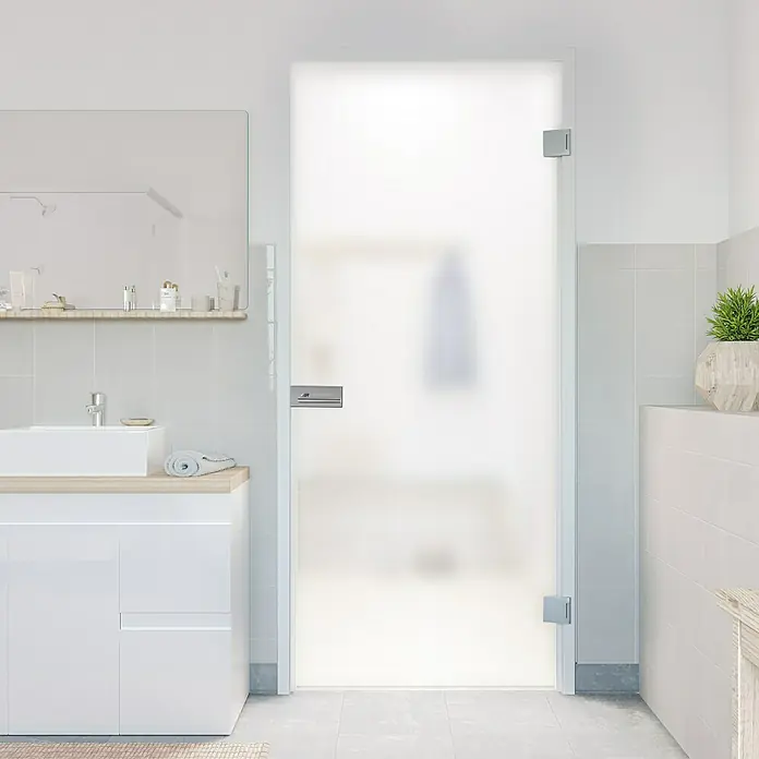 Diamond Doors Glasdrehtür Luminato - 709 x 1.972 mm, DIN Rechts, Einscheibensicherheitsglas (ESG) - Badezimmer mit einer satinierten Glastür, die für Privatsphäre sorgt und das Licht sanft filtert.