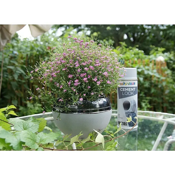 Dupli-Color Spezial-Lackspray Cement Look - Hoover Dark, Matt, 400 ml - Nahaufnahme einer PU-Color Sprühdose "Cement Look" neben einer Topfpflanze mit zarten rosa Blüten auf einem Tisch im Freien.