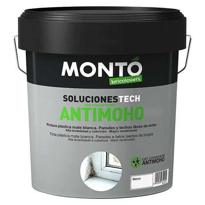 Montó Bricolovers Pintura antimoho - Blanco, 4 l, Mate - Cubo de pintura antimoho Montó para paredes y techos, pintura plástica mate en blanco con alta lavabilidad y cubrición.