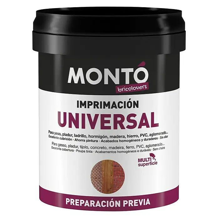 Montó Bricolovers Imprimación universal - Blanco, 750 ml, Mate - Foto de un bote de imprimación universal Montó, apto para diversas superficies como madera, metal y PVC.