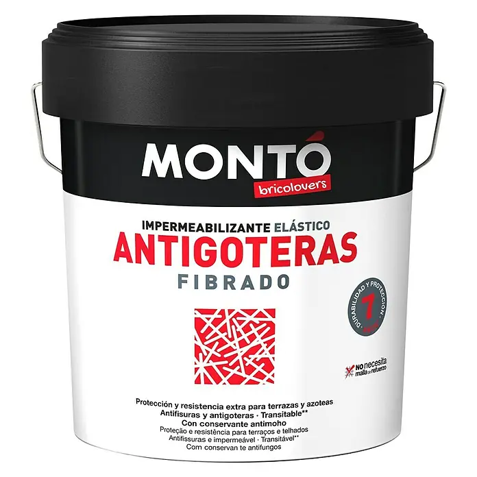 Montó Bricolovers Impermeabilizante Antigoteras Fibrado - Blanco, 4 l, Mate sedoso - Cubo Montó Antigoteras, impermeabilizante elástico con fibras para terrazas y tejados, que ofrece protección y resistencia extra.
