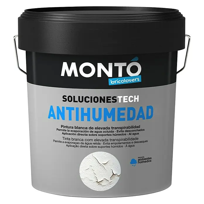 Montó Bricolovers Pintura de color aislante - 4 l, Blanco - Primer plano de un bote de pintura Monto Anti-Humedad, diseñada para ambientes húmedos y de alta transpirabilidad.