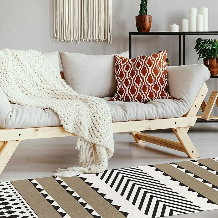 Alfombra de vinilo Croma Etnic Stone - Blanco/Marrón/Negro, 140 x 50 cm - Una alfombra de suelo estampada moderna y elegante que añade un toque de elegancia a cualquier habitación. El diseño geométrico seguro que llama la atención.