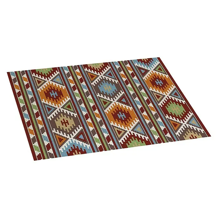 Alfombra de vinilo Croma Kilim - Multicolor, 75 x 45 cm - Alfombra colorida con motivos geométricos sobre fondo negro.