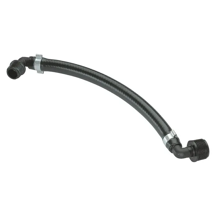 Gardena Sprinklersystem Regneranschluss - ¾″/½″ - Schwarzer Schlauch mit Winkelstück und silberner Klemme. Ideal für den Einsatz in verschiedenen Sanitär- und Industrieanwendungen.