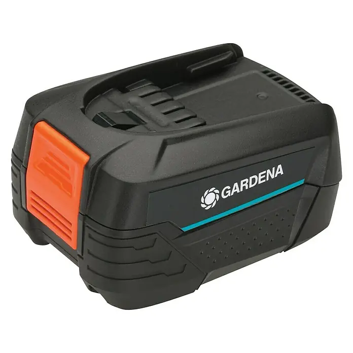 Gardena Power for All 18V Starter-Set PBA 18V/72 + AL 1830 CV - 18 V, 4 Ah, 1 Akku - Gardena Akku: Ein leistungsstarker, schwarzer Akku mit orangefarbenem Einsatz und dem Gardena-Logo, ideal für Gartengeräte.