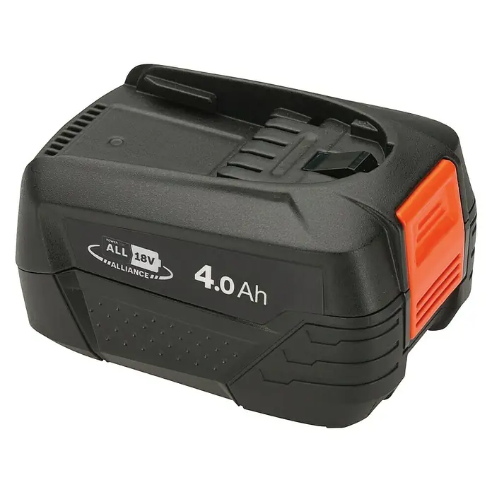 Gardena Power for All 18V Starter-Set PBA 18V/72 + AL 1830 CV - 18 V, 4 Ah, 1 Akku - Nahaufnahme eines schwarzen 18V 4.0 Ah Akkus mit orangenen Akzenten, der für All Power Alliance Geräte verwendet wird.