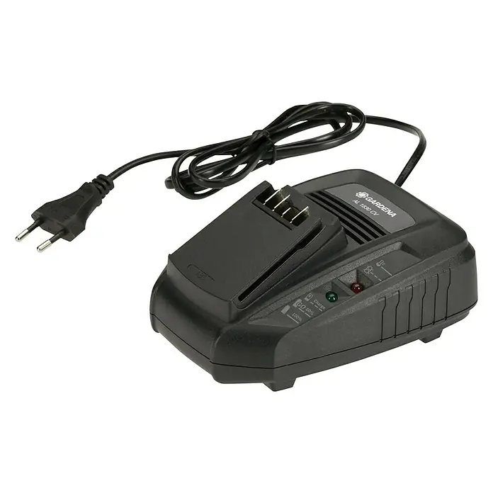 Gardena Power for All 18V Starter-Set PBA 18V/72 + AL 1830 CV - 18 V, 4 Ah, 1 Akku - Abbildung eines GARDENA AL 1830 CV Ladegeräts mit Ladekabel und europäischem Stecker, ideal zum Aufladen von Akkus für Gartengeräte.