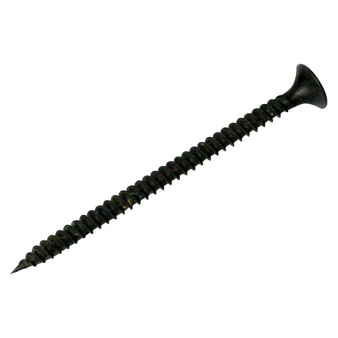 Knauf Schnellbauschraube TN 55 - Durchmesser: 3,5 mm, Länge: 55 mm, 500 Stk. - Nahaufnahme einer schwarzen Trockenbauschraube mit scharfem Gewinde und Senkkopf auf schwarzem Hintergrund.