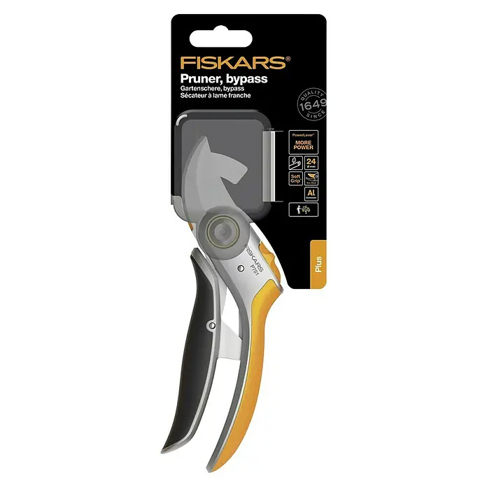 Fiskars Plus Gartenschere P751 - Bypass, Max. Aststärke: 24 mm - Die Fiskars Bypass-Gartenschere P751 "Plus" für saubere Schnitte und mühelose Gartenarbeit dank PowerLever™-Mechanismus, SoftGrip™ und Aluminium-Konstruktion.