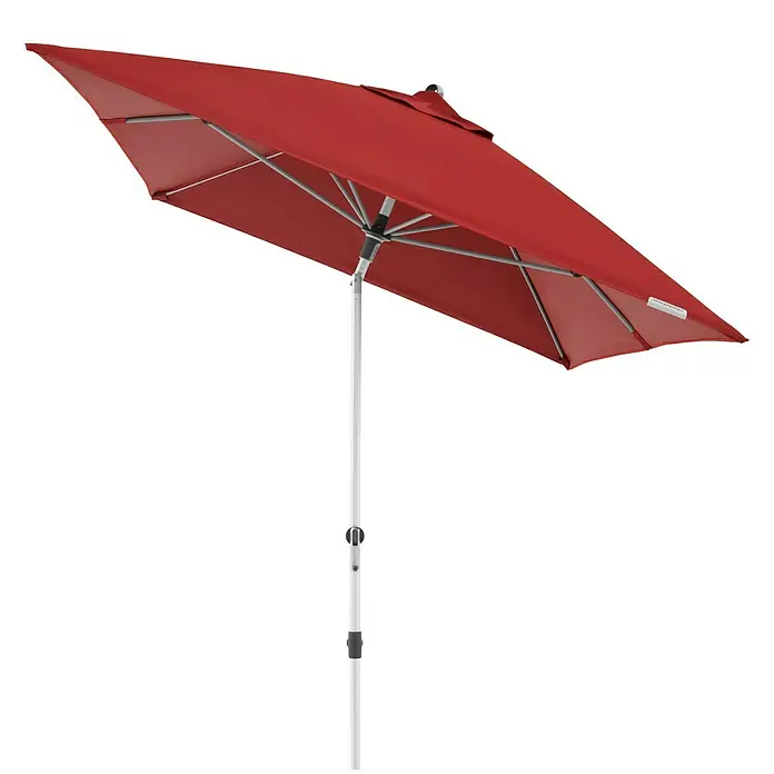 Doppler Expert Marktschirm Auto Tilt - Bordeaux, Bespannungsmaß (L x B): 300 x 200 cm - Ein roter Sonnenschirm mit silbernem Gestell und Mast, ideal für den Garten oder die Terrasse. Bietet Schatten und Schutz vor der Sonne.