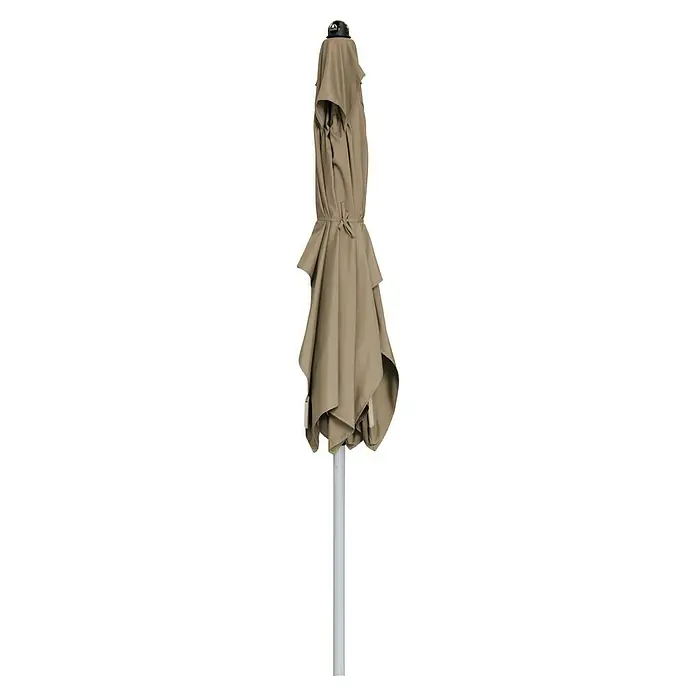 Doppler Active Marktschirm Auto Tilt - Greige, Bespannungsmaß (L x B): 210 x 140 cm - Der Sonnenschirm in Beige ist zusammengebunden und steht auf einem silbernen Gestell. Ideal für den Garten oder die Terrasse.