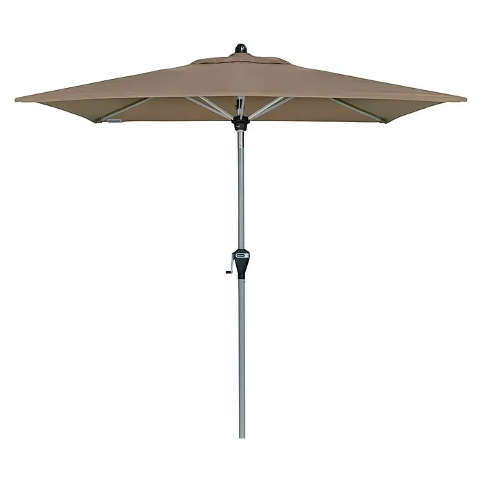 Doppler Active Marktschirm Auto Tilt - Greige, Bespannungsmaß (L x B): 210 x 140 cm - Abbildung eines quadratischen Sonnenschirms in Khaki mit einem robusten, silberfarbenen Mast und einem Drehkurbelmechanismus für einfache Anpassungen.