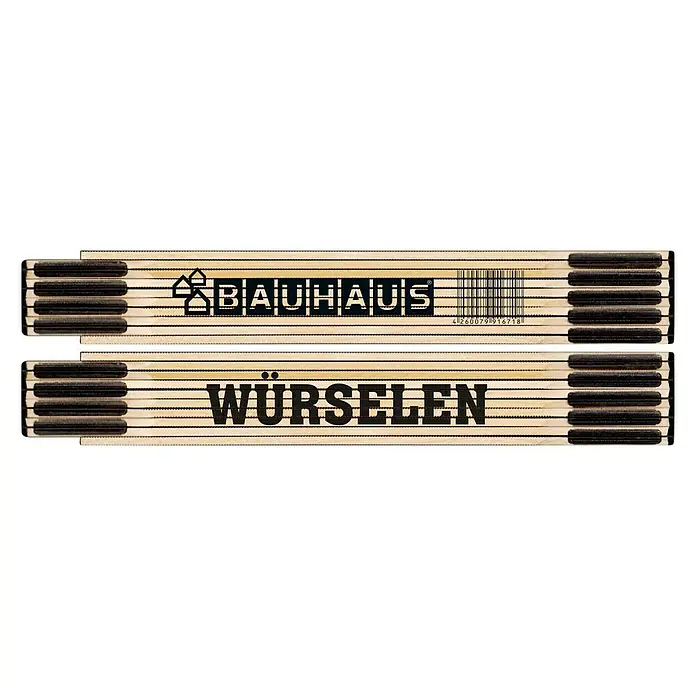 BAUHAUS Zollstock - WUERSELEN - Bild von zwei Zollstöcken mit dem Aufdruck "BAUHAUS" und "WÜRSELEN" auf schwarzem Hintergrund. Das perfekte Werkzeug für Ihre Projekte!