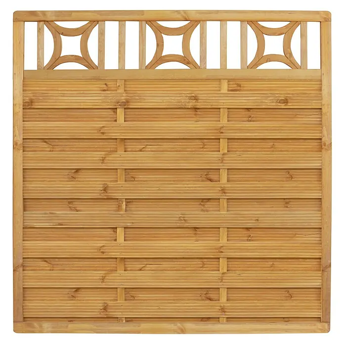 Sichtschutzelement Bern - 179 x 179 cm, Holz, Pinie - Braunes Holzzaunpaneel mit dekorativen Ausschnitten im oberen Bereich und horizontalen Holzlatten im unteren Bereich.