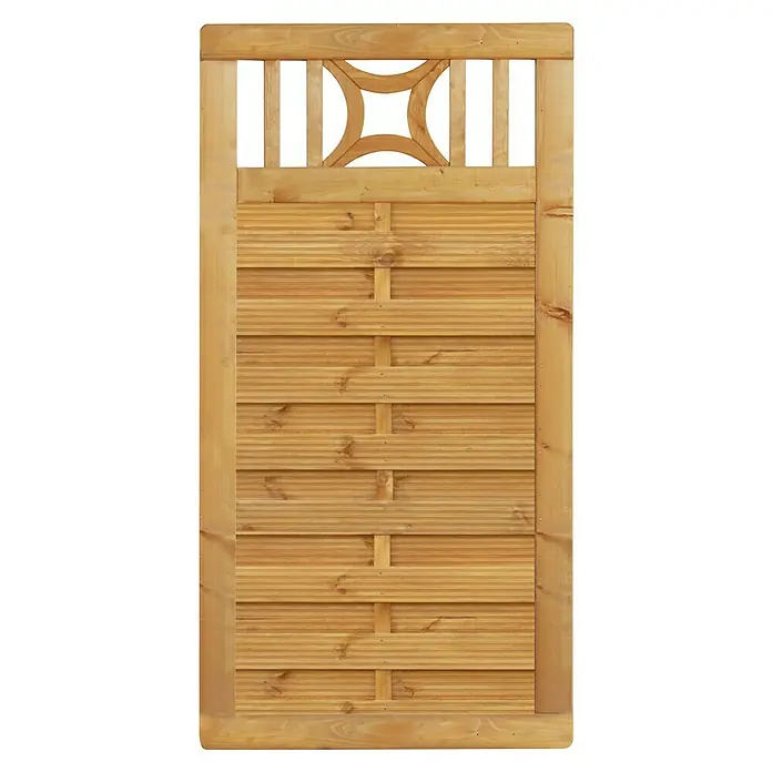 Sichtschutzelement Bern - 90 x 180 cm, Holz, Pinie - Ein detailreiches Bild eines Holztors, das durch sein natürliches Design und die Holzstruktur besticht. Ideal für Garten oder Hof.