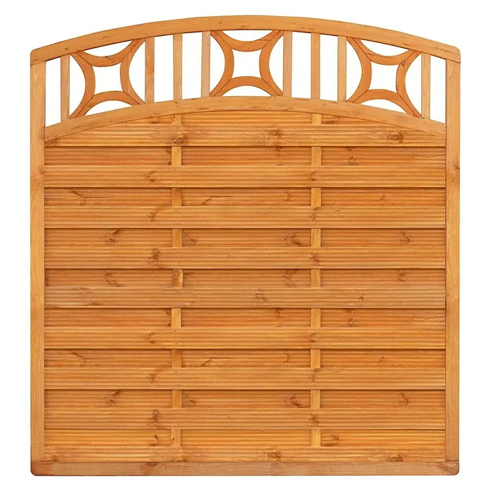 Sichtschutzelement Bern - B x H: 179 x 199 cm, Holz, Pinie - Eine Holzwand mit dekorativem Bogen und Lattenstruktur, ideal als Sichtschutz oder Gartenelement. Robuste Bauweise für den Außenbereich.