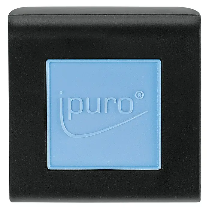 Ipuro Essentials Autoduft - Cotton Fields, Geeignet für: Lüftungslamellen - Nahaufnahme eines blauen iPuro Duftwürfels mit schwarzem Rahmen.
