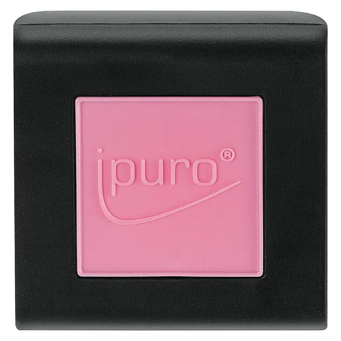 Ipuro Essentials Autoduft - Flower Bowl, Geeignet für: Lüftungslamellen - Nahaufnahme eines schwarzen iPuro-Produkts mit einem rosafarbenen quadratischen Einsatz mit dem iPURO-Logo, das ein modernes und elegantes Design zeigt.