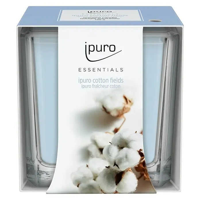 Ipuro Essentials Duftkerze - Im Glas, Cotton Fields - Ipuru Baumwollfelder Duftkerze in einer eleganten Glasverpackung mit Baumwollblüten-Motiv für eine frische und beruhigende Atmosphäre.