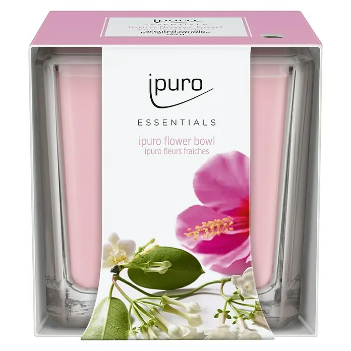 Ipuro Essentials Duftkerze - Im Glas, Flower Bowl - Ein ipuro Flower Bowl Duftkerze im Glasbehälter, verpackt in einer eleganten Schachtel mit Blumenmotiv.