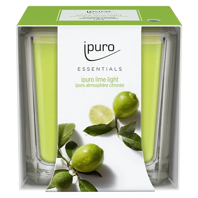 Ipuro Essentials Duftkerze - Im Glas, Lime Light - Ipuru Lime Light Duftkerze im Glas, ein erfrischender Duft für Ihr Zuhause. Perfekt, um eine zitrusartige und belebende Atmosphäre zu schaffen.
