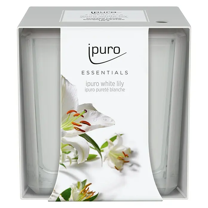 Ipuro Essentials Duftkerze - Im Glas, White Lily - Produktansicht: ipuro White Lily Duftkerze im eleganten Behälter mit floralem Design, für ein stilvolles Ambiente und angenehmen Duft.