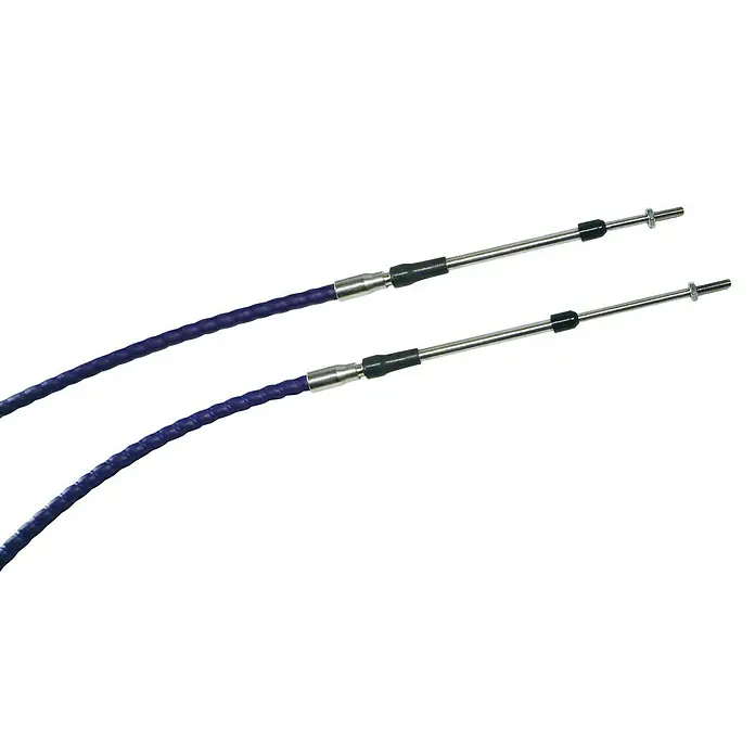 Ringspann RCS Bowdenzug 284-V - Länge: 950 cm - Zwei blaue Schub-Zug-Kabel mit silbernen Endstücken auf schwarzem Hintergrund. Hochwertige Kabel für präzise Steuerung.