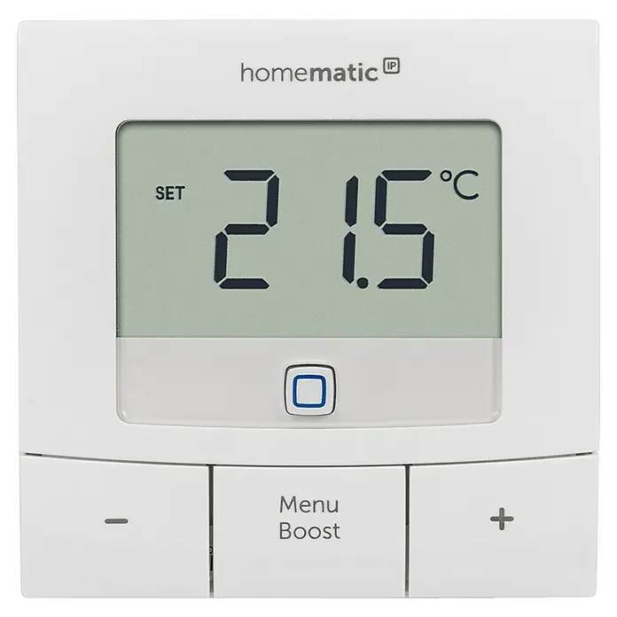 Homematic IP Funk-Raumthermostat HmIP-WTH-B - Weiß, Batteriebetrieben, 22 x 85 x 85 mm - Nahaufnahme eines Homematic IP-Thermostats mit digitaler Anzeige und Bedienelementen zur Temperaturregelung.